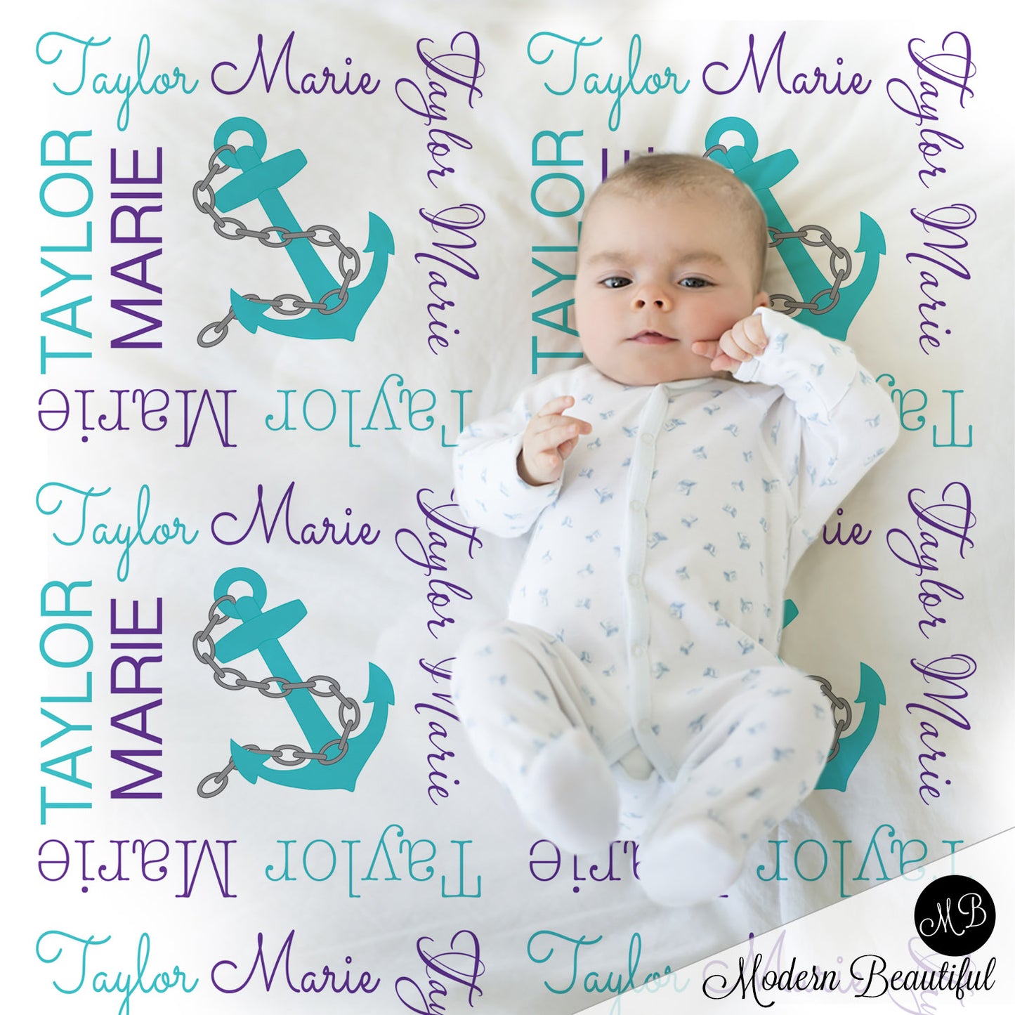Nautical anchor name blanket in teal and purple
