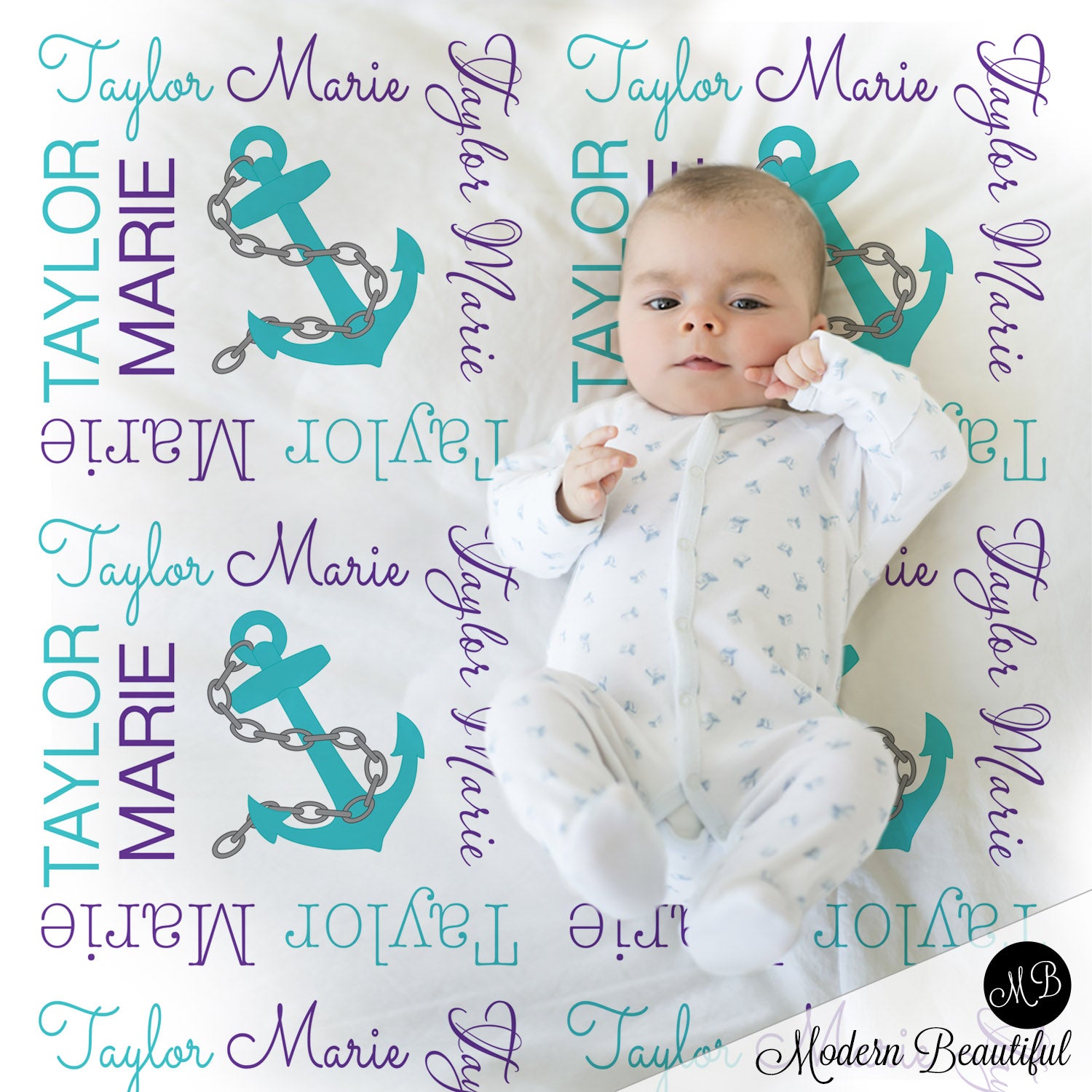 Nautical anchor name blanket in teal and purple