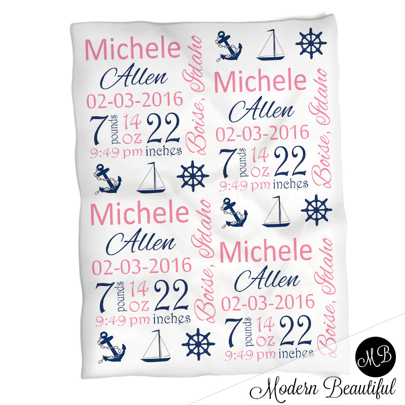 Nautical Baby Stats Blanket Girl