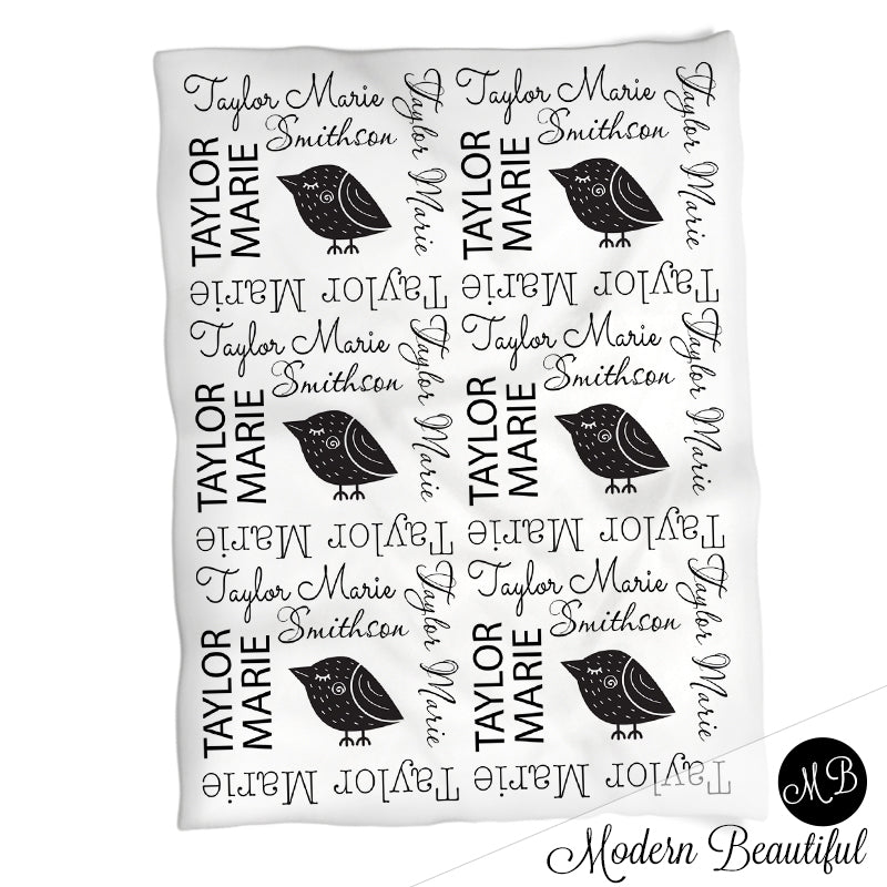 name blanket, bird swaddling blanket, baby girl Scandinavian style blanket, girl baby shower gift, choose colors