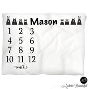 Black and white woodland animals monthly milestone blanket, personalized growth baby gift, personalized photo prop blanket - choose your colors