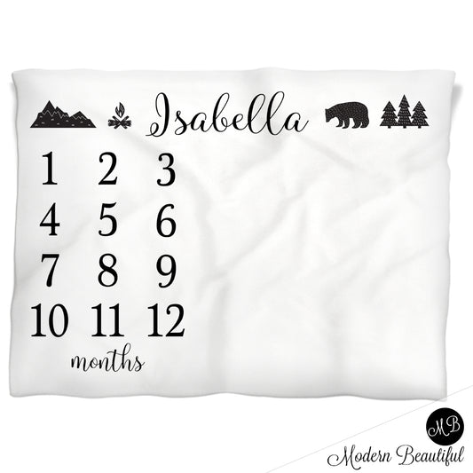 Bear Milestone Baby Blanket Personalized Black and White Baby Growth Photo Blanket