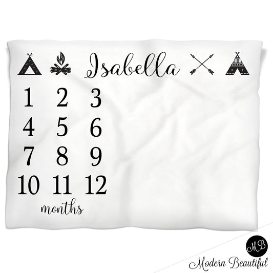 Teepee Arrows Milestone Baby Blanket Personalized Black and White Baby Growth Photo Blanket