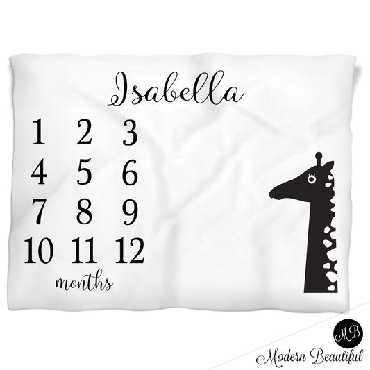 Giraffe Milestone Baby Blanket Personalized Black and White Baby Growth Photo Blanket