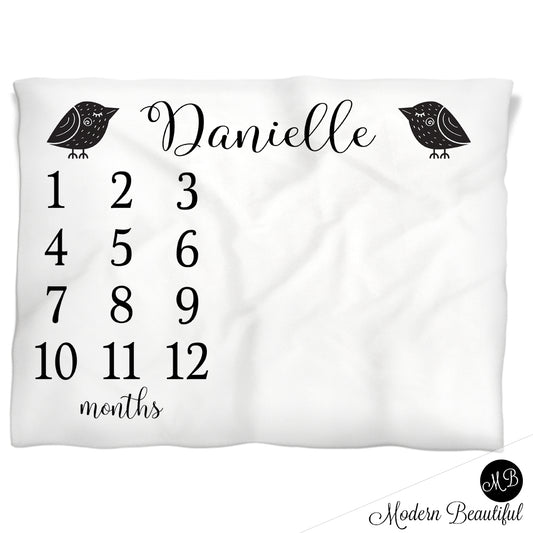 Bird Milestone Baby Blanket Personalized Black and White Baby Growth Photo Blanket