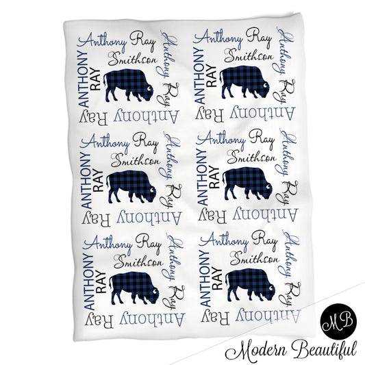 Personalized Buffalo baby name blanket, navy and black, buffalo baby name blanket, baby swaddling blankets, baby girl or boy, baby name blanket, baby shower gift, (CHOOSE COLORS)