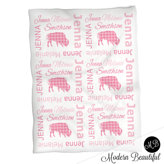 Personalized Buffalo Baby Name Blanket Girl Pink