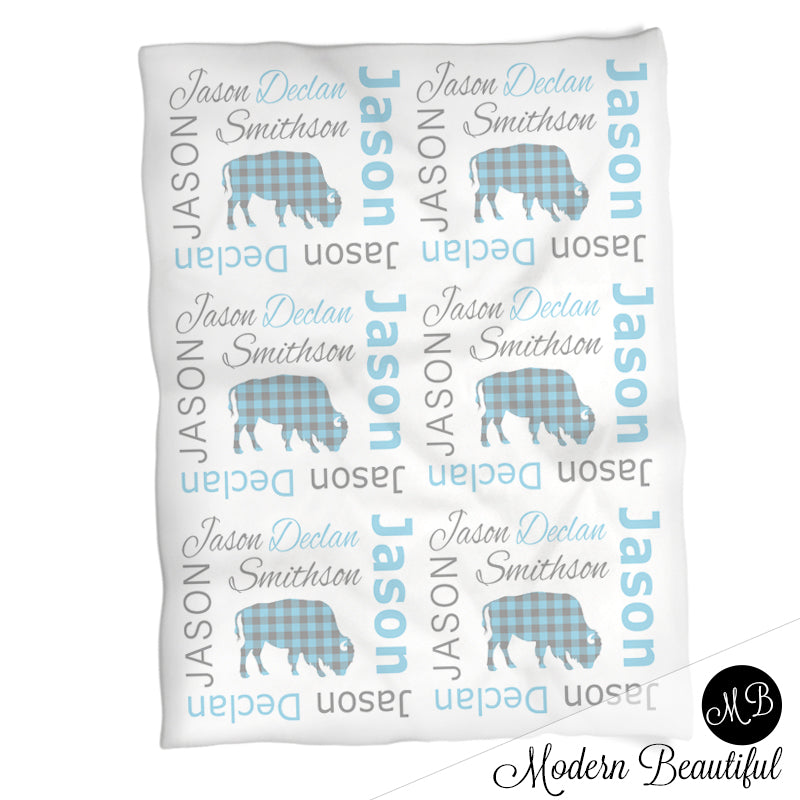 Personalized Buffalo baby name blanket, blue and gray, buffalo baby name blanket, baby swaddling blankets, baby girl or boy, baby name blanket, baby shower gift, (CHOOSE COLORS)