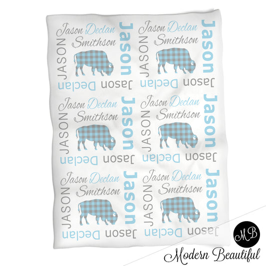 Personalized Buffalo baby name blanket, blue and gray, buffalo baby name blanket, baby swaddling blankets, baby girl or boy, baby name blanket, baby shower gift, (CHOOSE COLORS)
