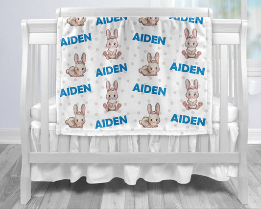 Easter baby boy bunny blanket, blue and gray baby gift with rabbits, personalized baby name blanket