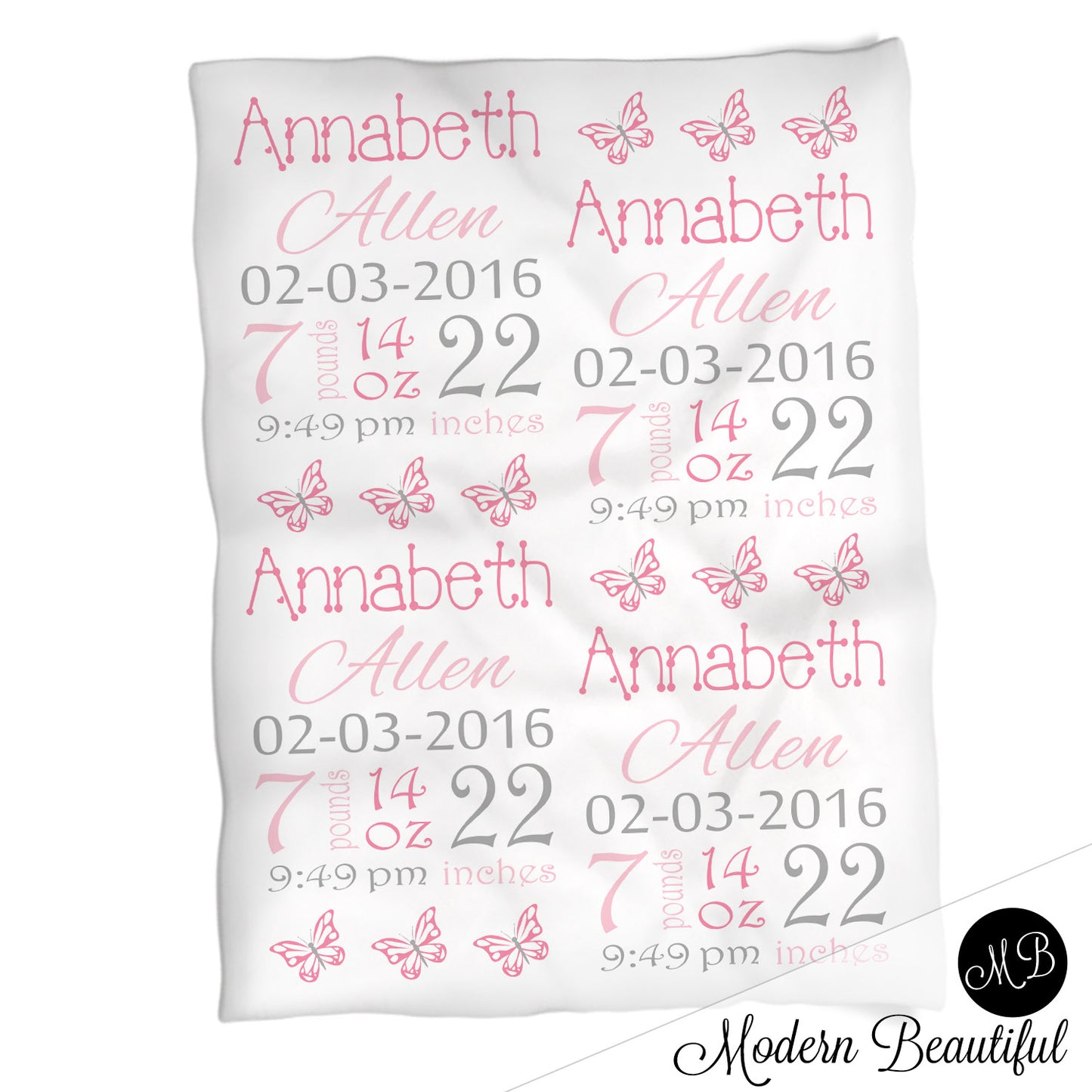 Butterfly Baby Stats Blanket Pink