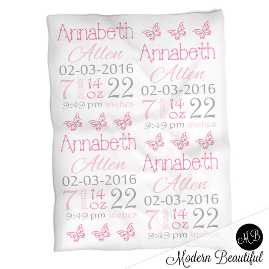 Butterfly Baby Stats Blanket Pink
