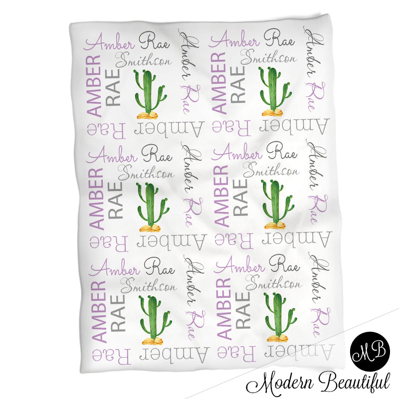 Personalized Cactus Baby Name Blanket Purple