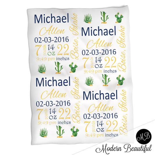 Cactus Baby Stats Blanket Boy