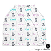 Wolf baby boy or girl car seat canopy cover, wolf baby gift, purple and aqua, custom infant car seat cover, personalized baby name carseat cover, nursing privacy cover, shopping cart cover, high chair cover (CHOOSE COLORS)