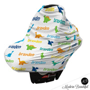 Dinosaur baby boy or girl car seat canopy cover, dinosaur baby gift, bright color, custom infant car seat cover, personalized baby name carseat cover, nursing privacy cover, shopping cart cover, high chair cover (CHOOSE COLORS)