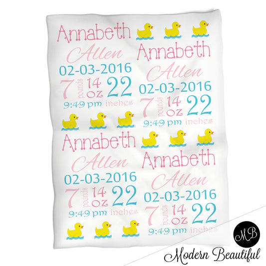 Rubber Ducky Baby Stats Blanket Girl