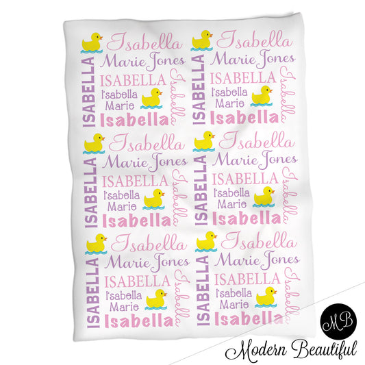 Personalized Ducky Baby Name Blanket Girl