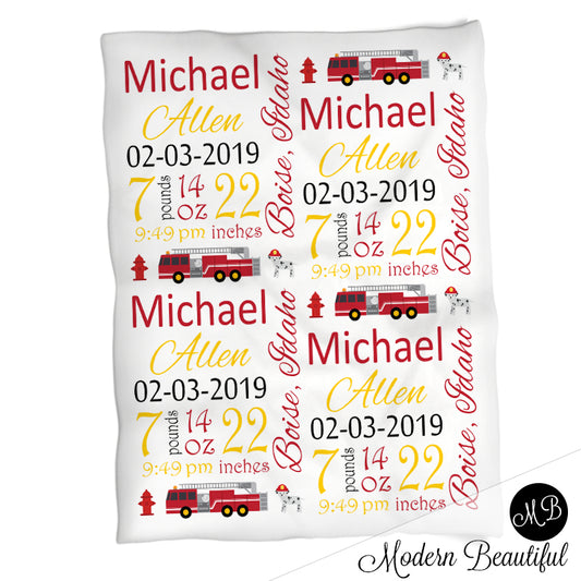 Personalized Firetruck Baby Stats Blanket Boy