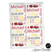 Firetruck baby boy stats blanket, yellow and red, fire fighter boy baby blanket, personalized boy or girl stats swaddle blanket, baby shower gift, choose colors