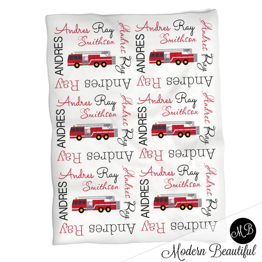 Personalized Firetruck Baby Name Blanket Boy