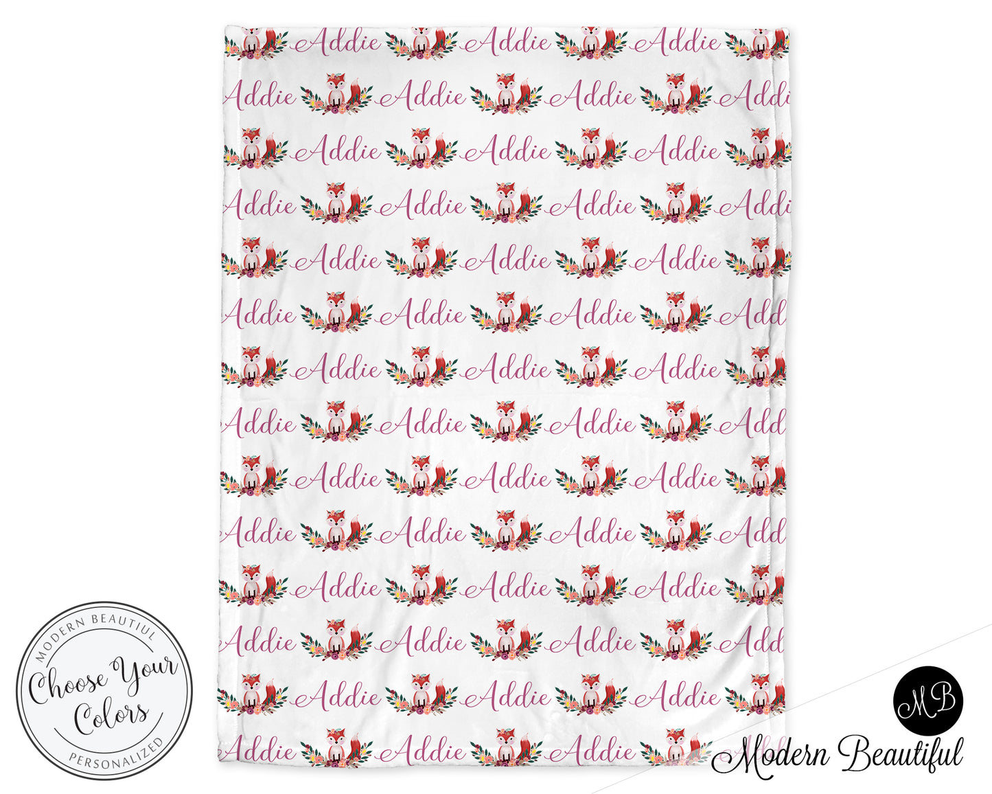 Personalized Floral Fox Baby Name Blanket