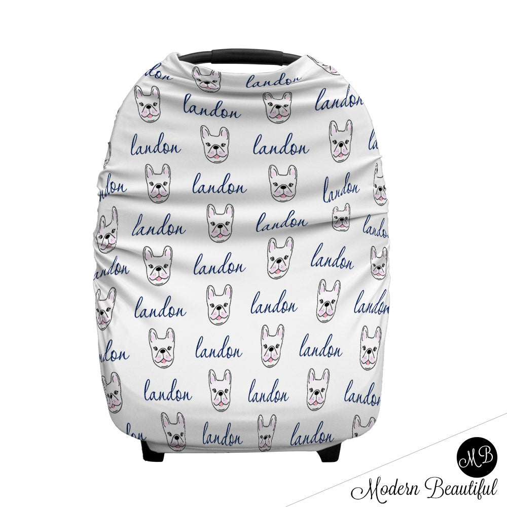French bulldog baby boy or girl car seat canopy cover, blue and gray custom infant car seat cover, personalized baby name carseat cover, nursing privacy cover (CHOOSE COLORS)