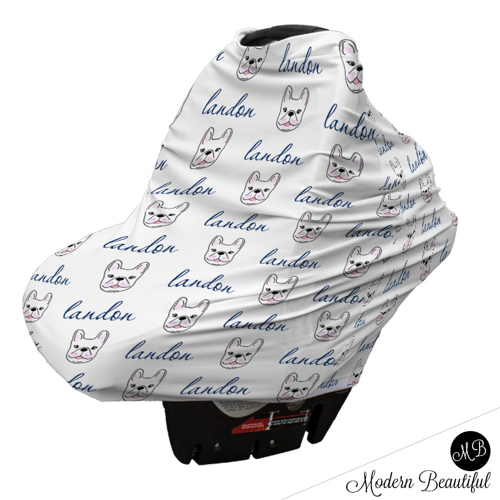 French bulldog baby boy or girl car seat canopy cover, blue and gray custom infant car seat cover, personalized baby name carseat cover, nursing privacy cover (CHOOSE COLORS)