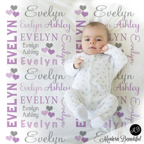 purple and gray hearts baby blanket
