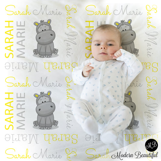 Personalized Hippo Baby Name Blanket Girl