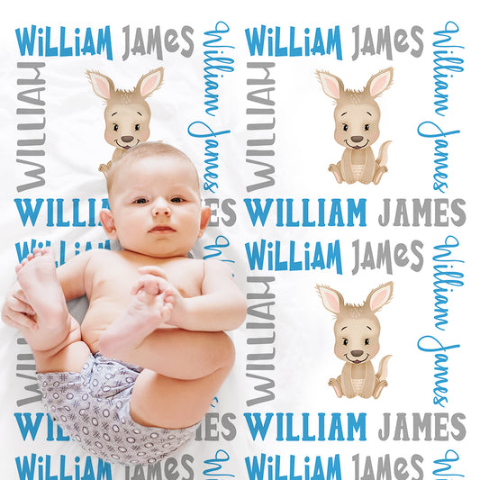 Personalized Cute baby boy kangaroo name blanket in blue