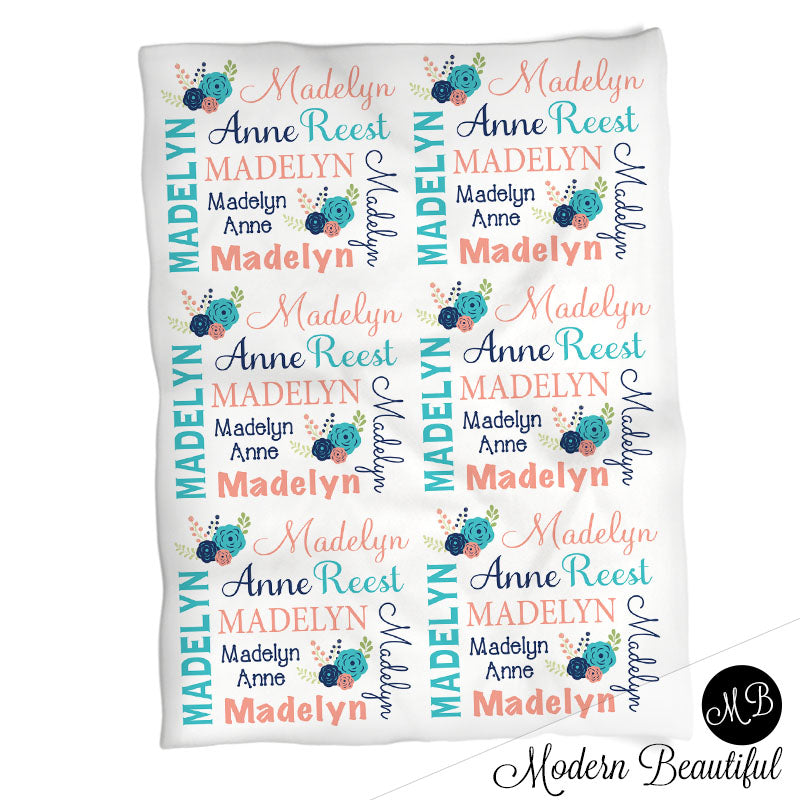Baby girl chic flower blanket, pretty floral baby blanket, flower personalized baby gift, baby blanket, personalized blanket, choose colors
