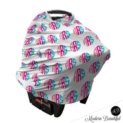 Hot pink and aqua monogram baby boy or girl car seat canopy cover, custom monogram infant car seat cover, personalized baby name carseat cover, nursing privacy cover (CHOOSE COLORS)