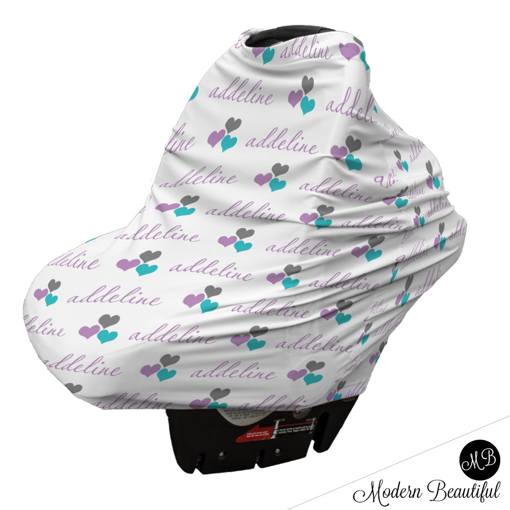Purple and aqua hearts baby girl or boy car seat canopy cover, custom purple and aqua infant car seat cover, personalized baby name carseat cover, nursing privacy cover (CHOOSE COLORS)