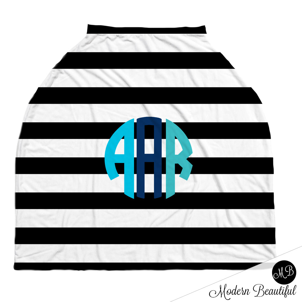 Black and white stripe monogram baby boy or girl car seat canopy cover, custom monogram infant car seat cover, personalized baby name carseat cover, nursing privacy cover (CHOOSE COLORS)