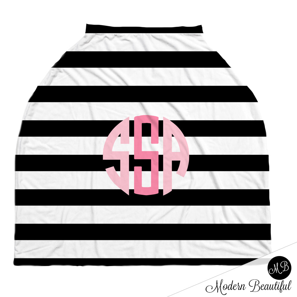 Black and white stripe monogram baby girl or boy car seat canopy cover, custom monogram infant car seat cover, personalized baby name carseat cover, nursing privacy cover (CHOOSE COLORS)