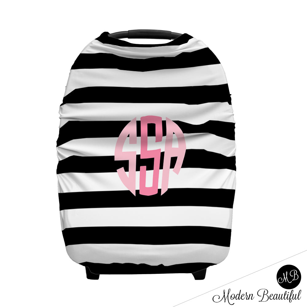 Black and white stripe monogram baby girl or boy car seat canopy cover, custom monogram infant car seat cover, personalized baby name carseat cover, nursing privacy cover (CHOOSE COLORS)