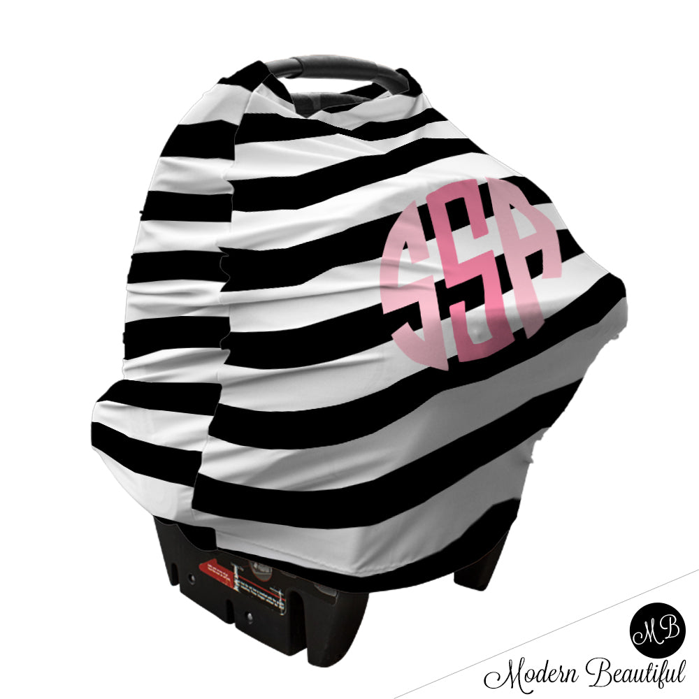 Black and white stripe monogram baby girl or boy car seat canopy cover, custom monogram infant car seat cover, personalized baby name carseat cover, nursing privacy cover (CHOOSE COLORS)