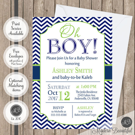 navy and lime green baby shower invitation