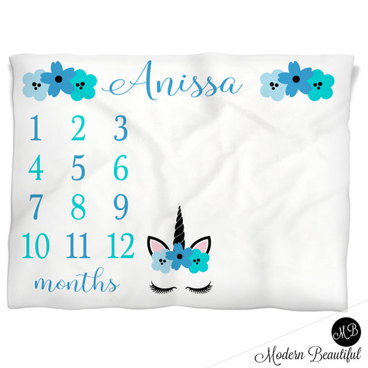 Unicorn Milestone Baby Blanket Personalized Blue Baby Growth Photo Blanket
