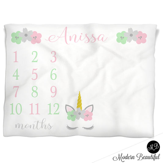 Unicorn Milestone Baby Blanket Personalized Baby Growth Photo Blanket