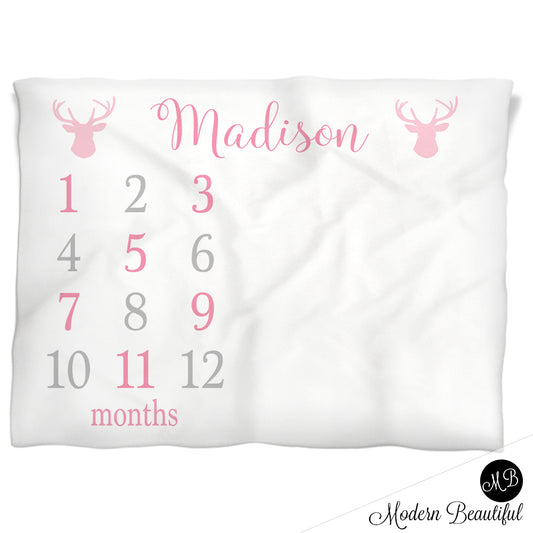 Deer Antler Milestone Baby Blanket Personalized Girl Pink Baby Growth Photo Blanket