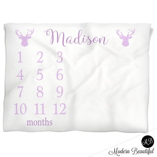 Deer Antler Milestone Baby Blanket Personalized Girl Purple Baby Growth Photo Blanket