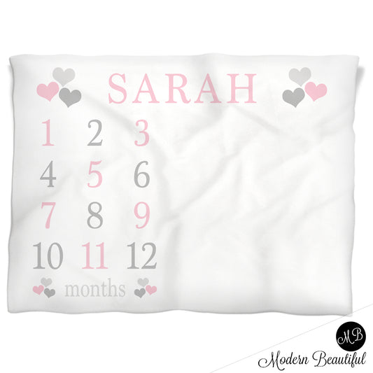 Hearts Girl Milestone Baby Blanket Personalized Pink Baby Growth Photo Blanket