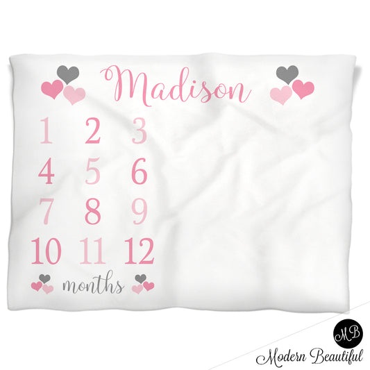 Pink Hearts Milestone Baby Blanket Personalized Baby Growth Photo Blanket