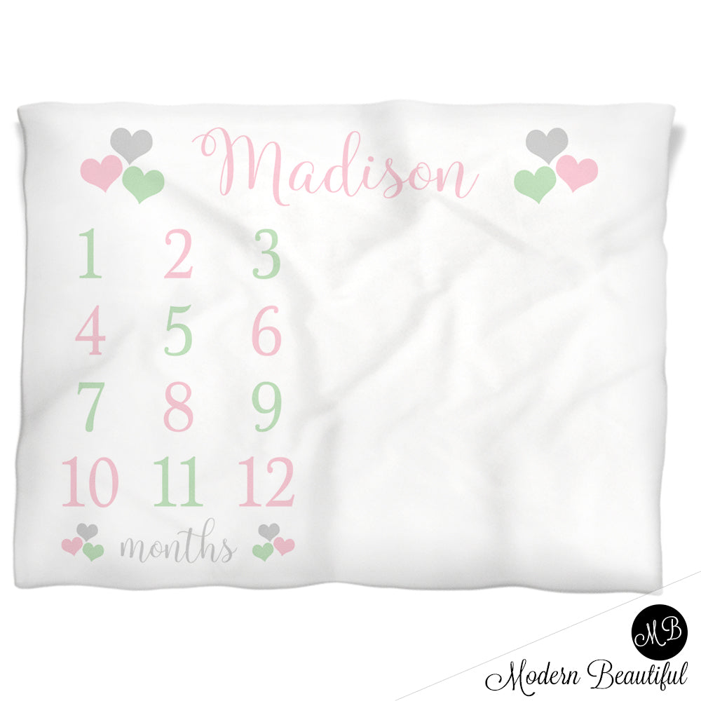 Hearts Milestone Baby Blanket Personalized Pink Mint Baby Growth Photo Blanket