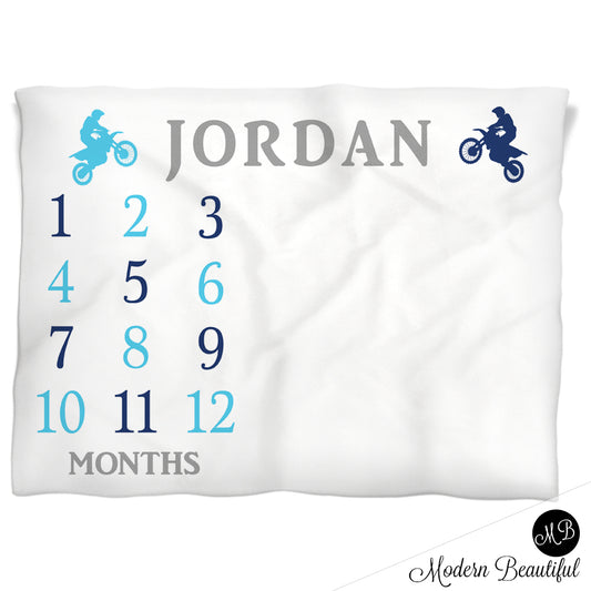 Dirt Bike Motorcycles Milestone Baby Blanket Personalized Blue Boy Baby Growth Photo Blanket