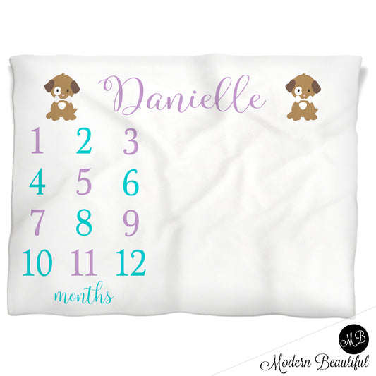 Puppy Dog Milestone Baby Blanket Personalized Girl Baby Growth Photo Blanket