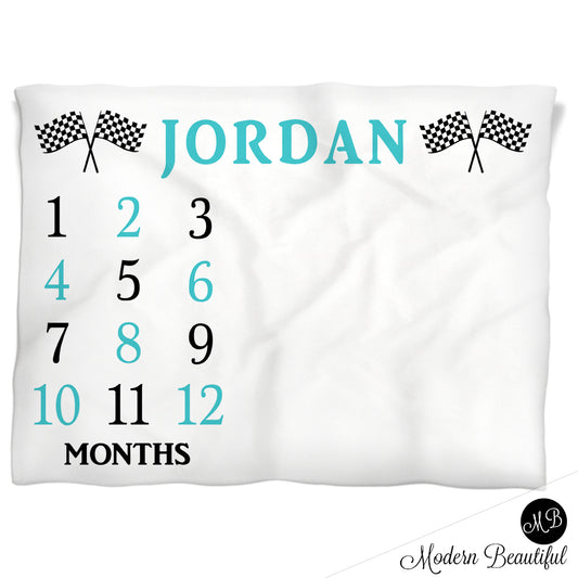Race Flags Milestone Baby Blanket Personalized Boy Blue Baby Growth Photo Blanket
