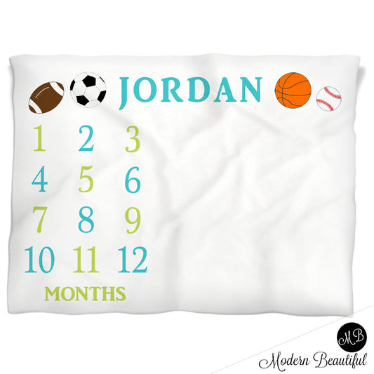 Sports Milestone Baby Blanket Personalized Football Soccer Basketball Baseball Baby Growth Photo Blanket